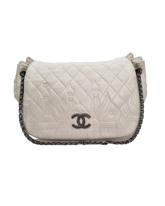 Chanel Paris Moscow Limited Edition Flap Bag Calfskin White RHW #12 Size 33x17x24