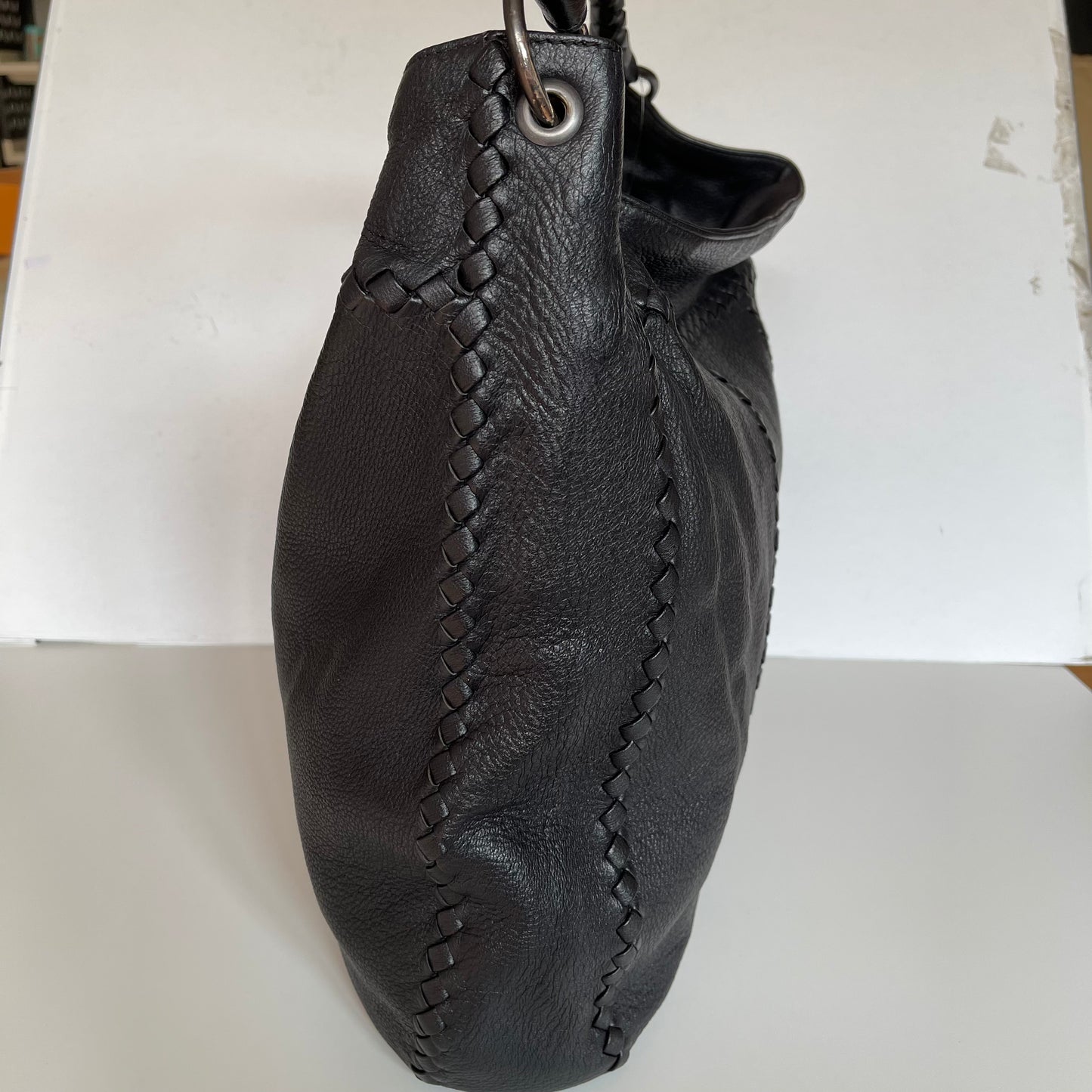 Bottega Veneta Intrecciato Trim Large Hobo Bag Black