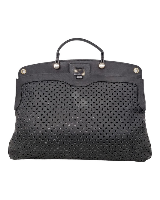 Furla Perforated Leather Piper Top Handle Bag Black Size 36x11x31