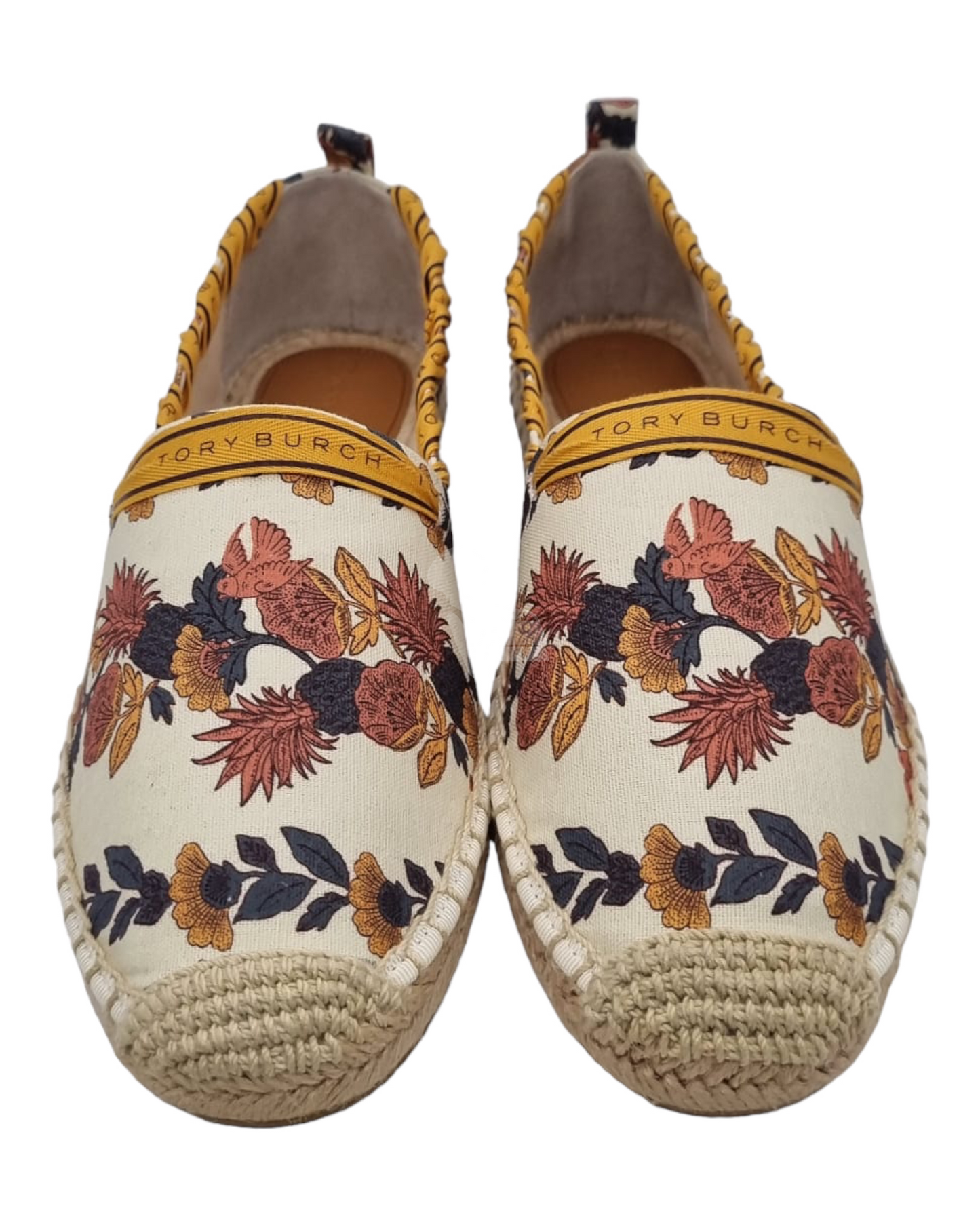 Tory Burch Grossgrain Whipstitch Espadrille Recycled Printed Canvas Orange Wonderland NEW Size 9,5/26