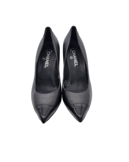 Chanel Pointed Cap Toe Pumps Patent Leather Black Size 41/26