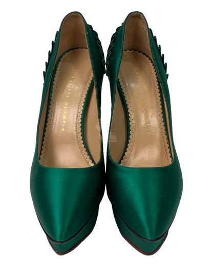 Charlotte Olympia Heels Green Satin Size 37,5/25 Dari Ujung