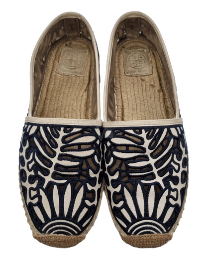 Tory Burch Espa Embroidered Navy White Size 8/25cm