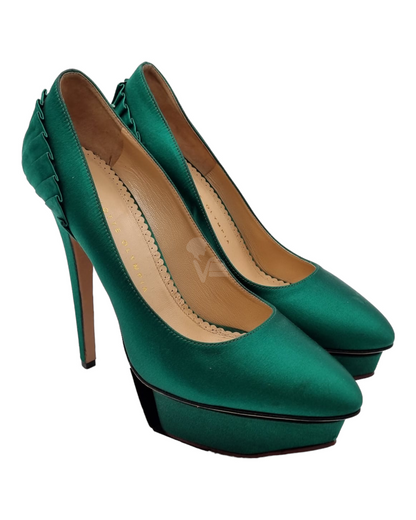 Charlotte Olympia Heels Green Satin Size 37,5/25 Dari Ujung