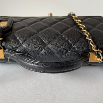 Chanel Top Handle Flap Bag Black Caviar GHW CHIP NBU Size 23x7x18