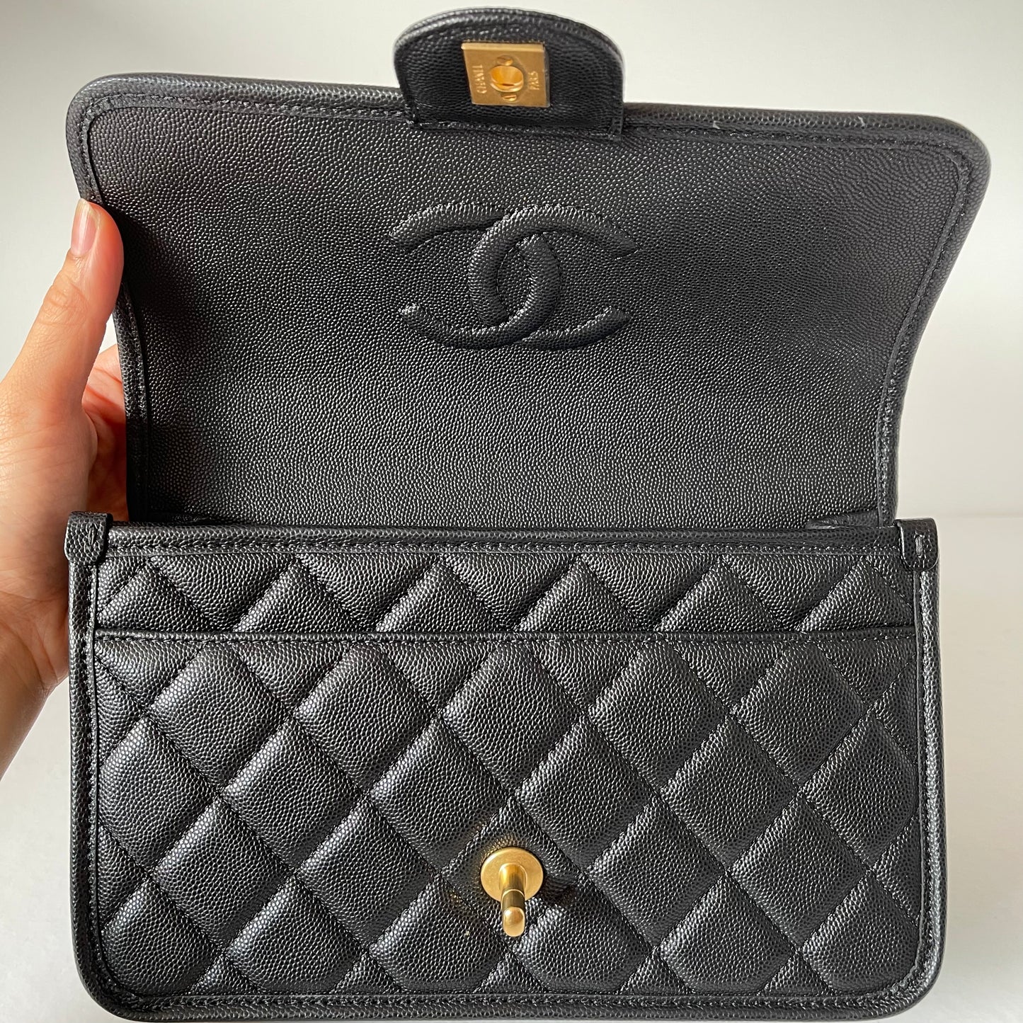 Chanel Top Handle Flap Bag Black Caviar GHW CHIP NBU Size 23x7x18