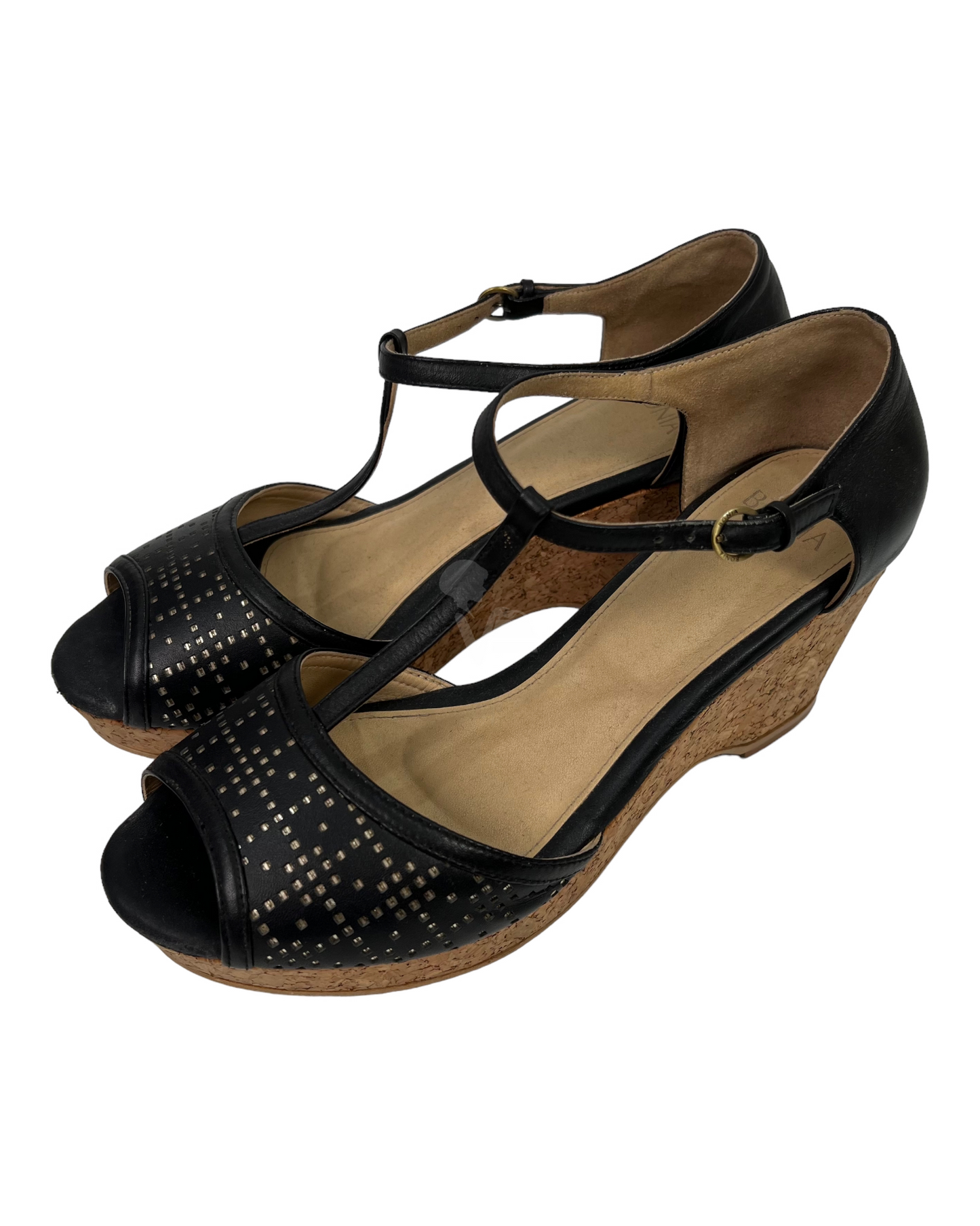 Bonia Wedges Black Leather Ankle Strap Size 40/25