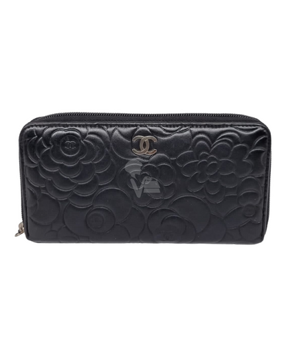 Chanel Camelia Round Zip Long Wallet Black #17 Size 19x10