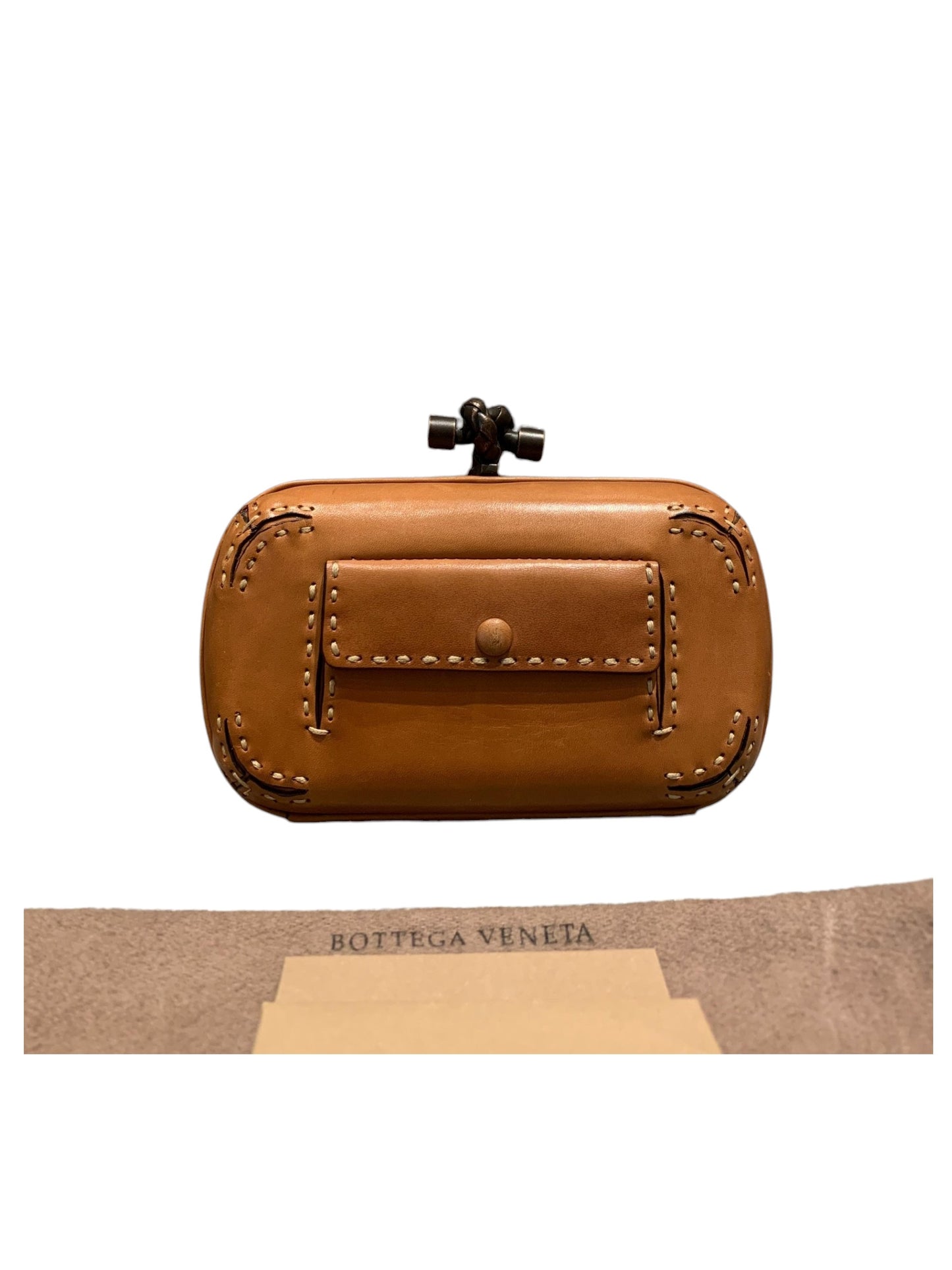 Bottega Veneta Brown Leather Stitched Pocket Knot Clutch Size 15x5x9