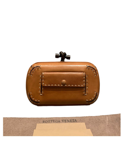 Bottega Veneta Brown Leather Stitched Pocket Knot Clutch Size 15x5x9