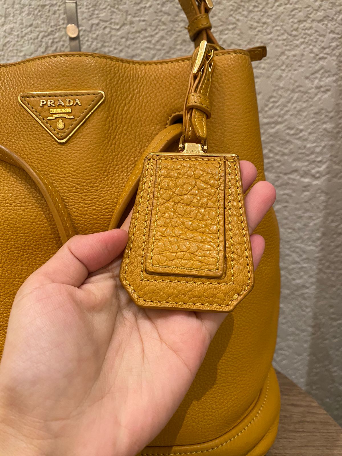 Prada Bucket Bag Leather Mustard Size 26x18x28