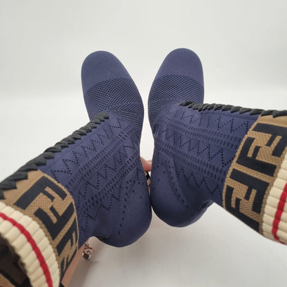 Fendi Rockoko Sock Knit Ankel Boots Navy Logo Size 38/26