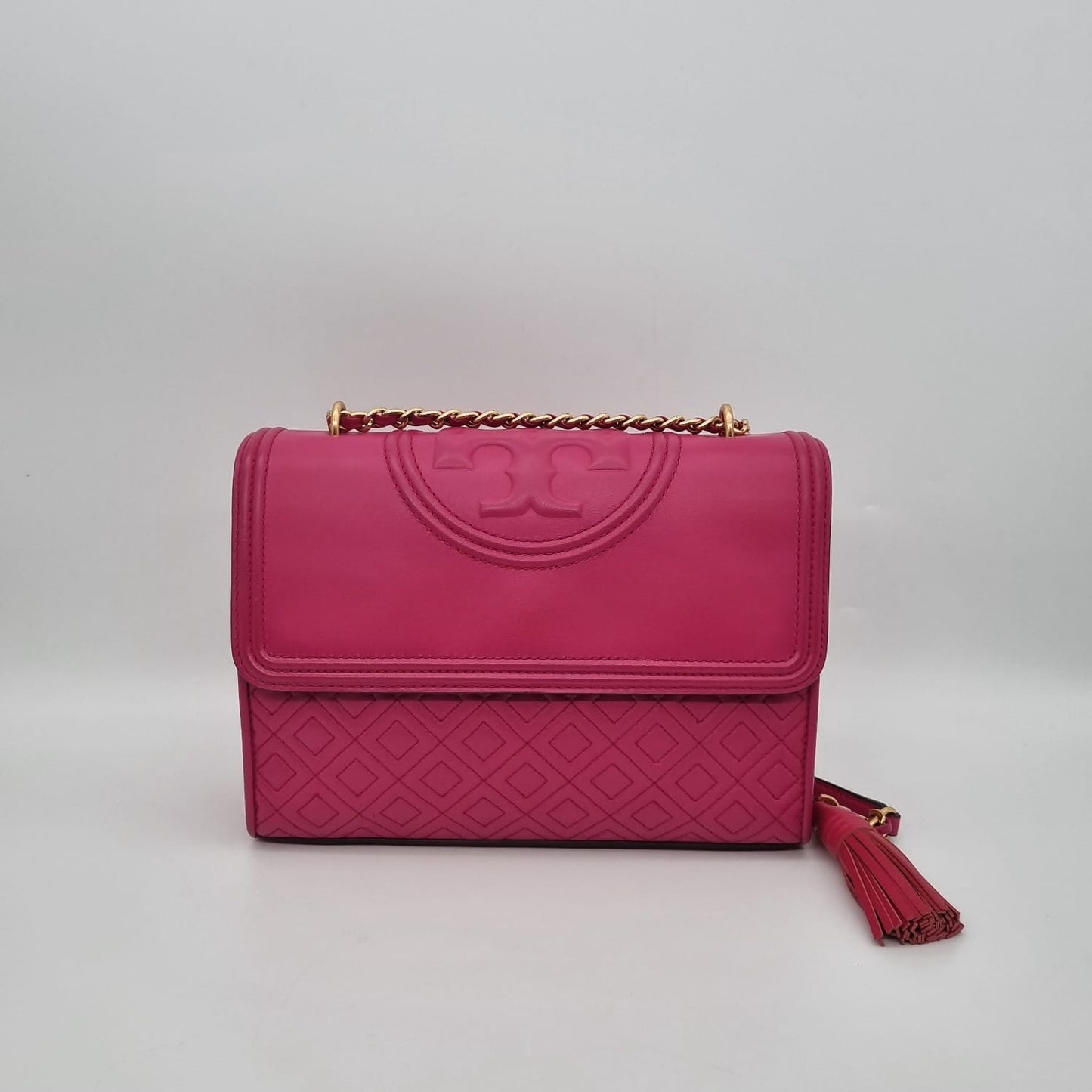 Tory Burch Fleming Convertible Shoulder Bag Pink GHW Size 27x8x19