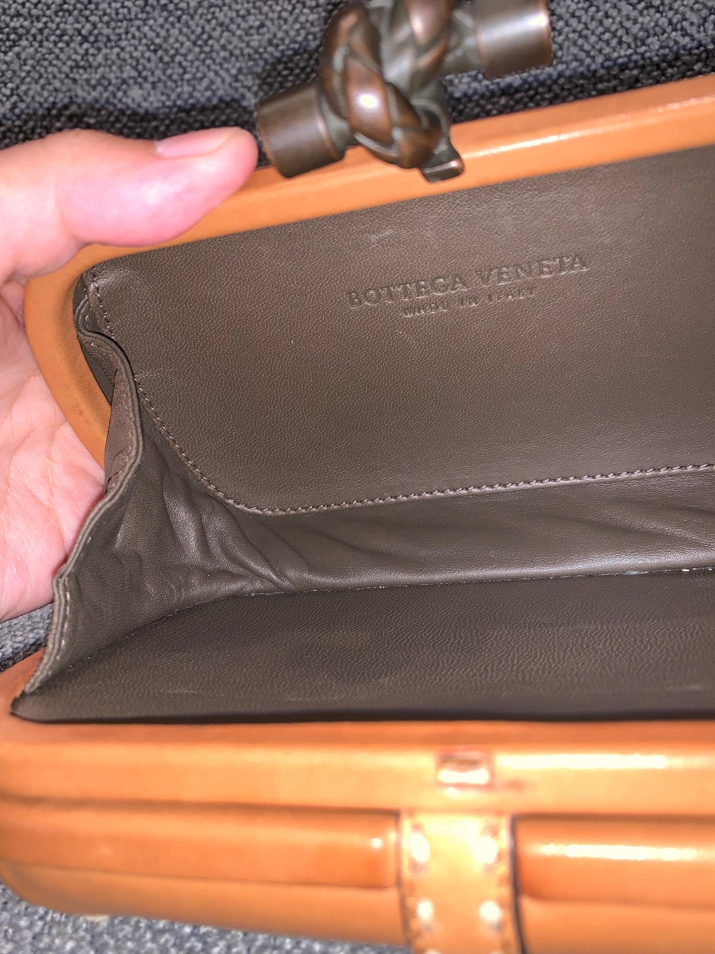 Bottega Veneta Brown Leather Stitched Pocket Knot Clutch Size 15x5x9