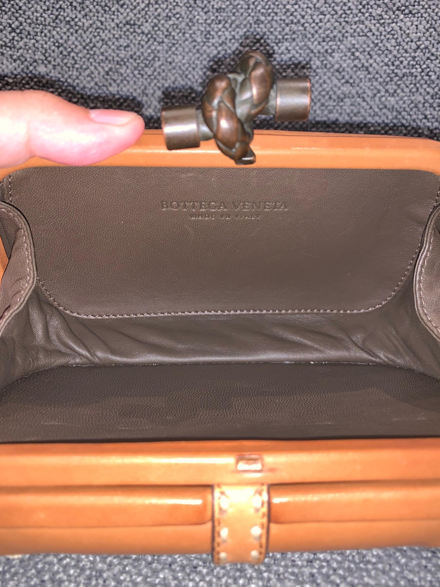 Bottega Veneta Brown Leather Stitched Pocket Knot Clutch Size 15x5x9