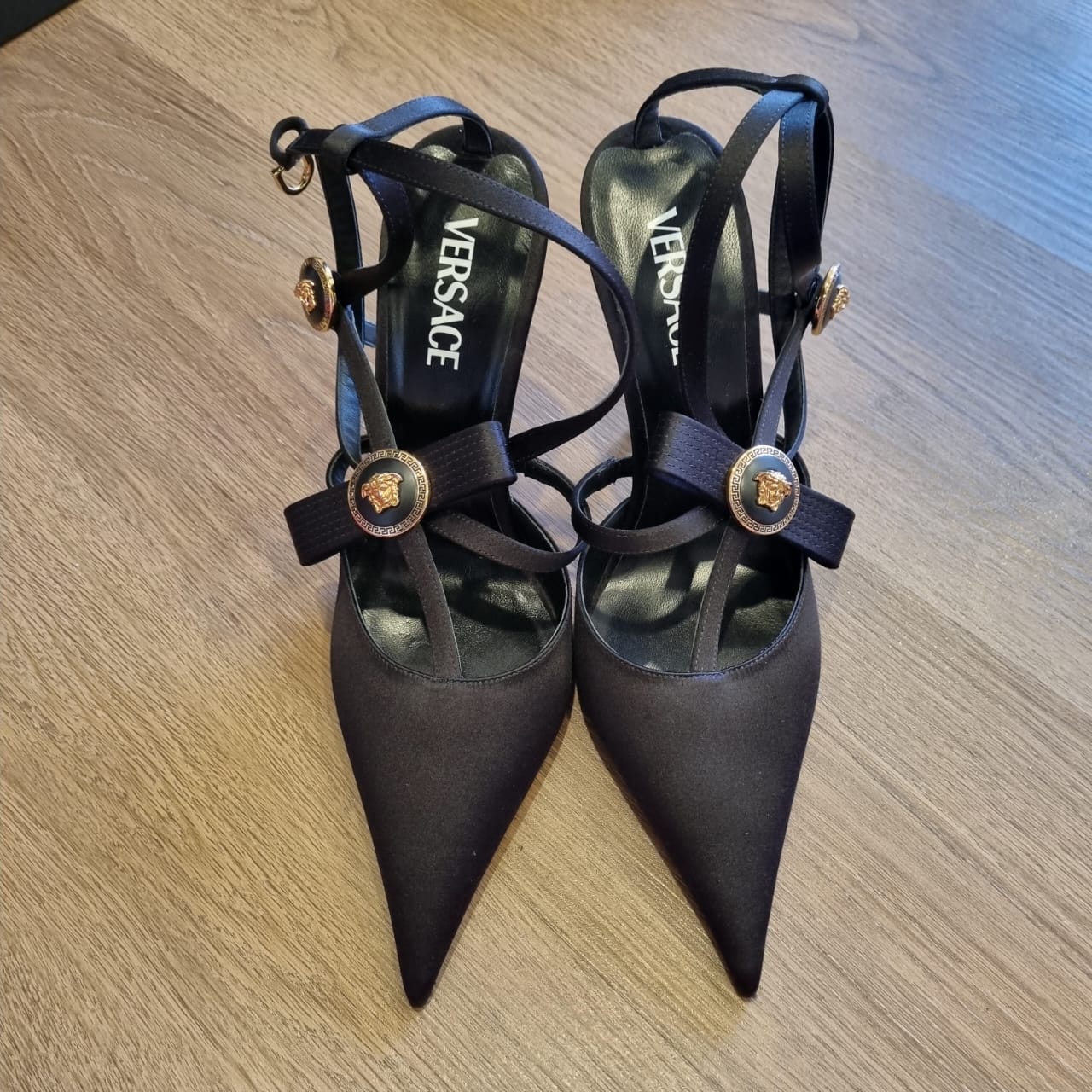 Versace Gianni Ribbon Cage Satin Heels Black Size 40/29