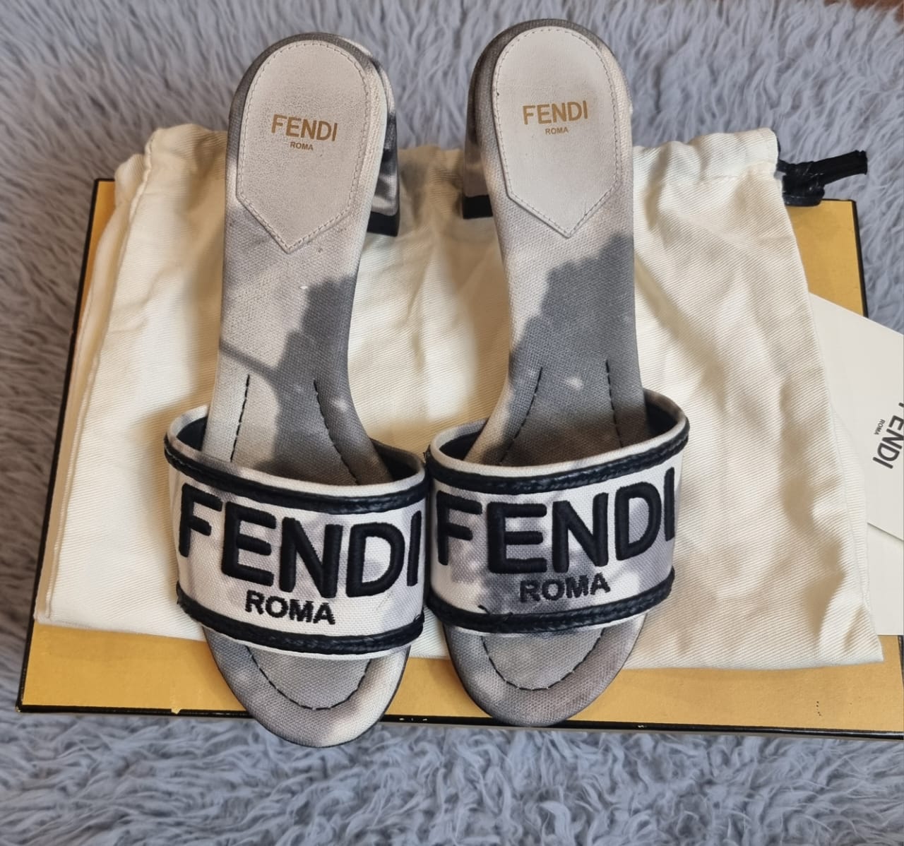 Fendi Signature Floral Motif Slide Sandals White Black Canvas Size 36/24