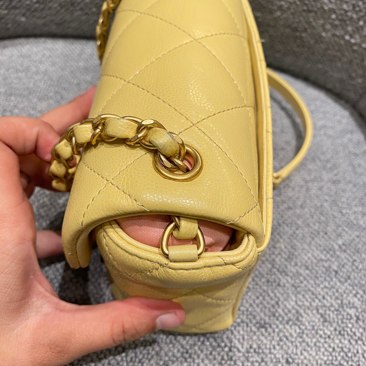 Chanel 22P Seasonal Square Mini In Light Yellow Caviar GHW CHIP Size 17x7x13