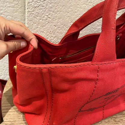 Prada Canapa Shopping Tote Canvas Red Size Size 35x23x22