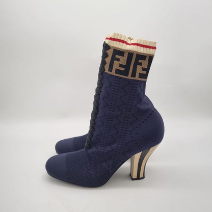 Fendi Rockoko Sock Knit Ankel Boots Navy Logo Size 38/26