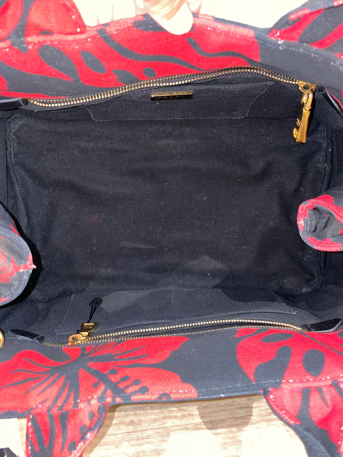 Prada Canapa Shopping Tote Floral Canvas Black Red Size 36x33x22