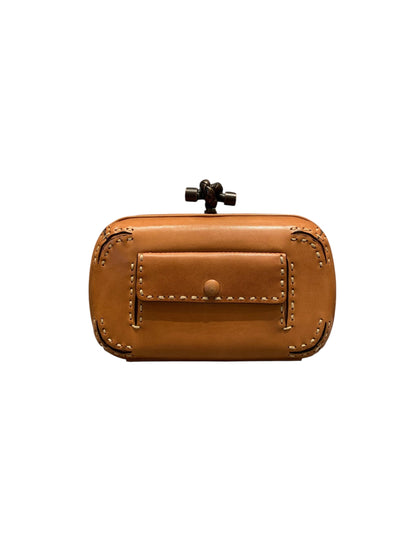 Bottega Veneta Brown Leather Stitched Pocket Knot Clutch Size 15x5x9