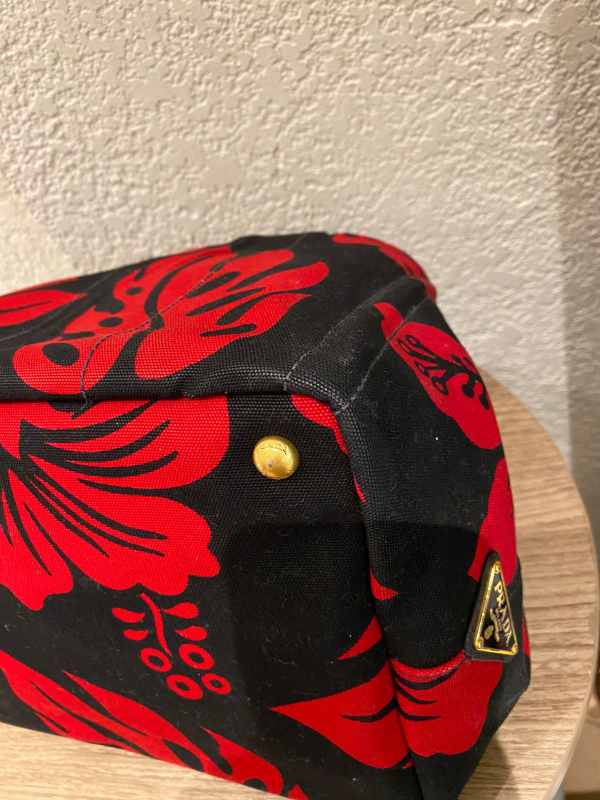 Prada Canapa Shopping Tote Floral Canvas Black Red Size 36x33x22