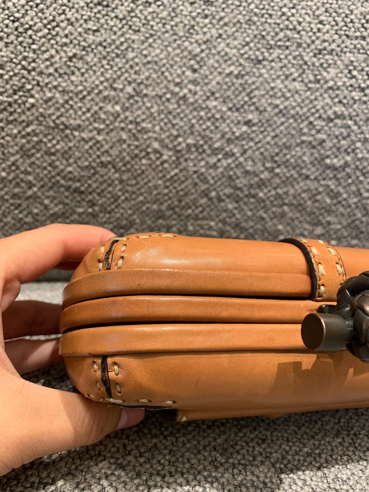 Bottega Veneta Brown Leather Stitched Pocket Knot Clutch Size 15x5x9