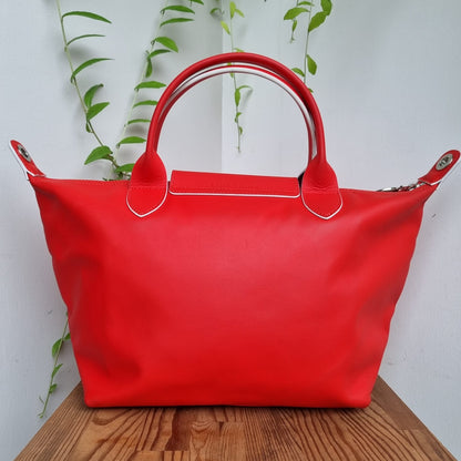 Longchamp Le Pliage Cuir Jockey Medium Short Handle Red Size 37x18x23