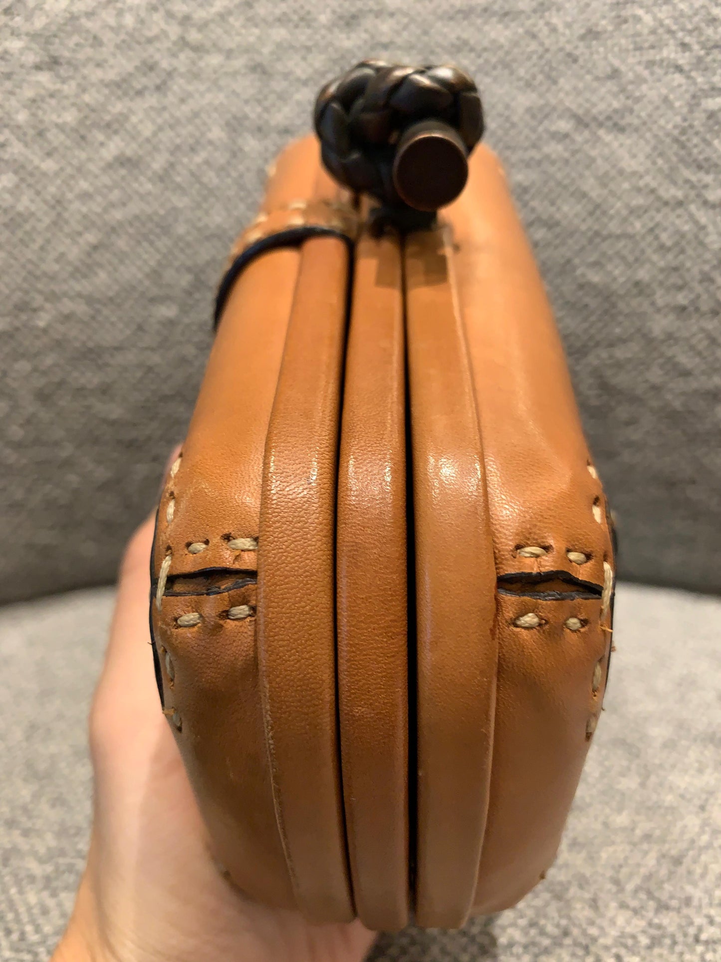 Bottega Veneta Brown Leather Stitched Pocket Knot Clutch Size 15x5x9