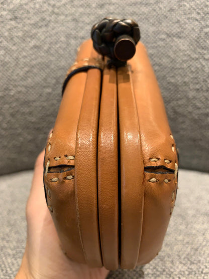Bottega Veneta Brown Leather Stitched Pocket Knot Clutch Size 15x5x9