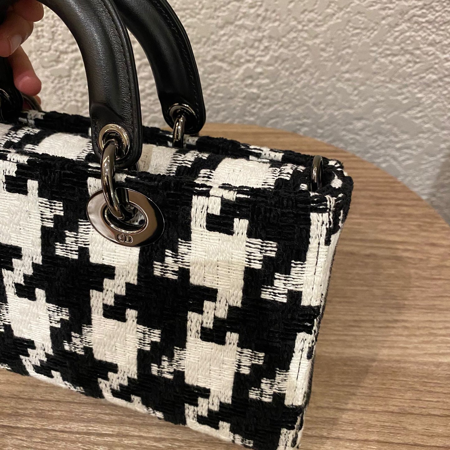 Dior Lady Dior D'joy Houndstooth Tweed Medium Black White SHW 2022 Size 26x5x14