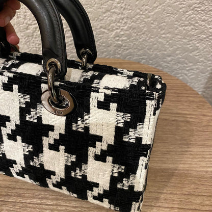 Dior Lady Dior D'joy Houndstooth Tweed Medium Black White SHW 2022 Size 26x5x14