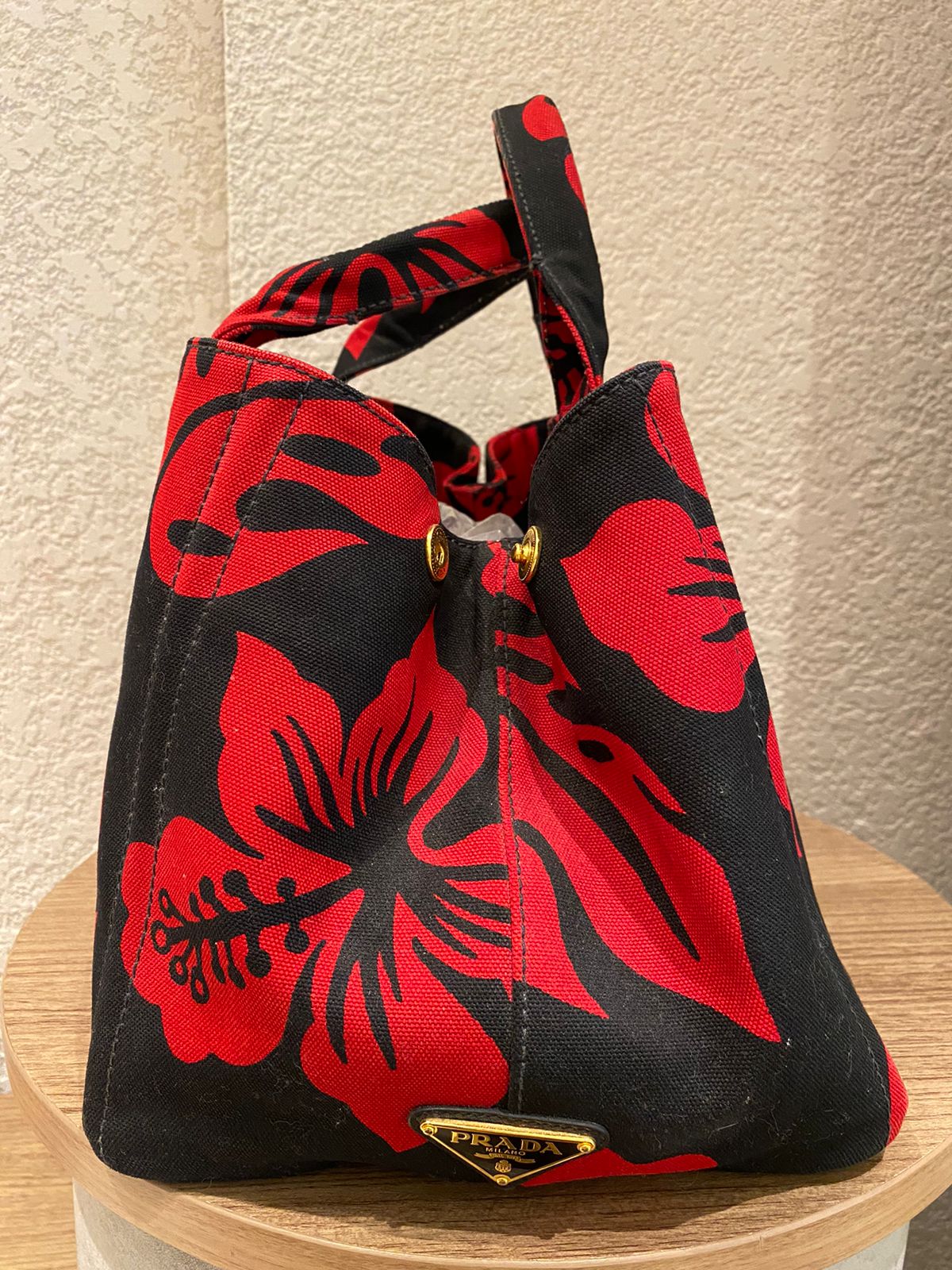 Prada Canapa Shopping Tote Floral Canvas Black Red Size 36x33x22
