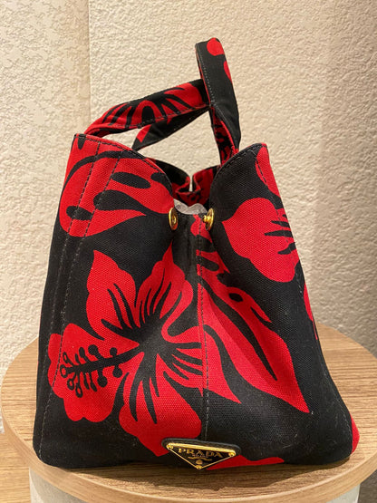 Prada Canapa Shopping Tote Floral Canvas Black Red Size 36x33x22