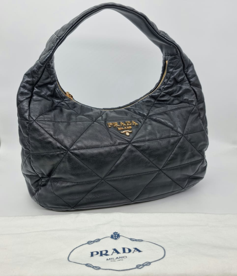 Prada Hobo Bag Leather Black GHW Size 40x13x30