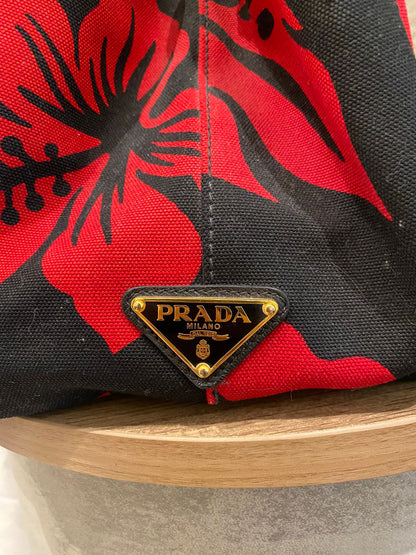 Prada Canapa Shopping Tote Floral Canvas Black Red Size 36x33x22