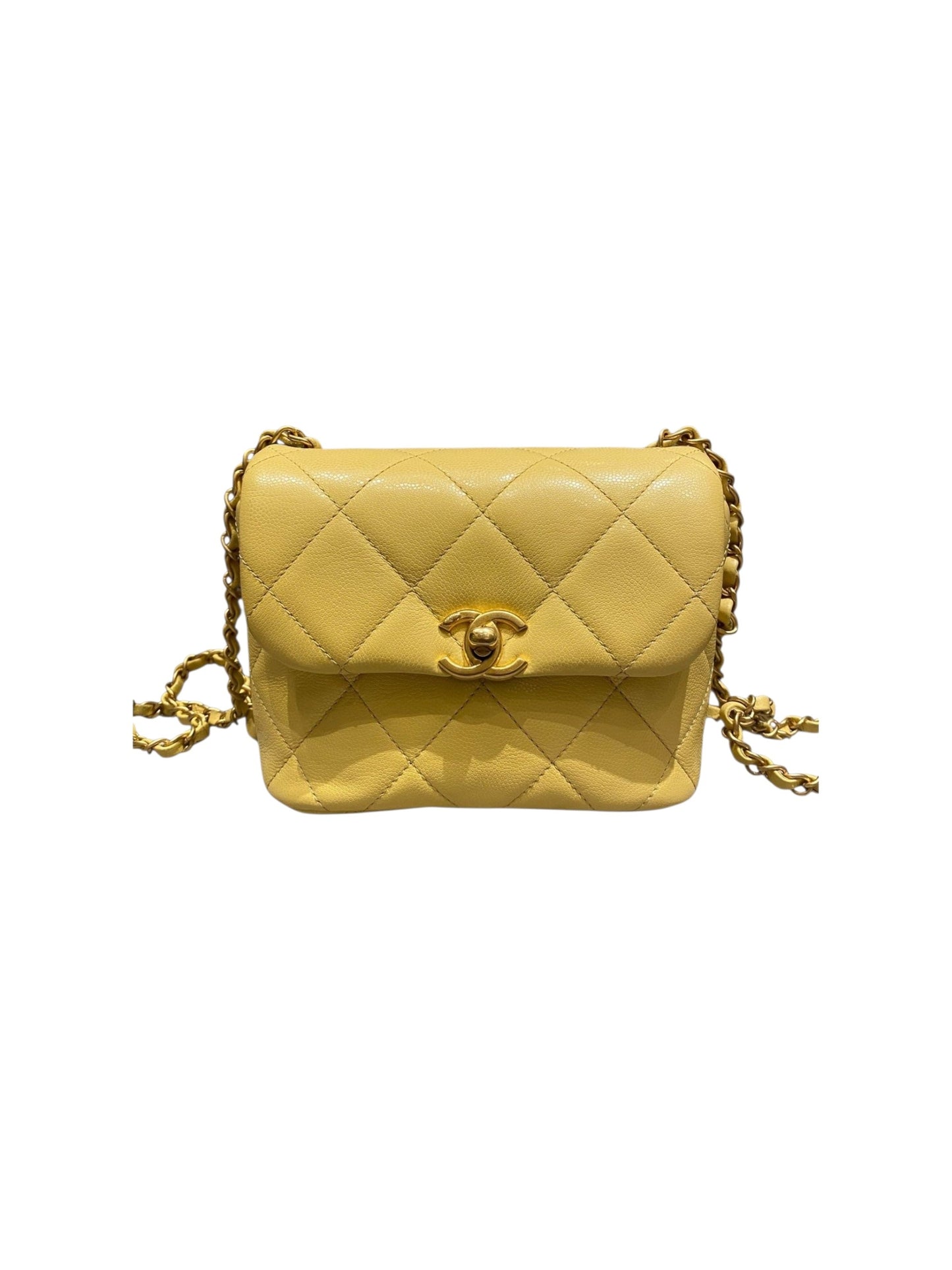 Chanel 22P Seasonal Square Mini In Light Yellow Caviar GHW CHIP Size 17x7x13