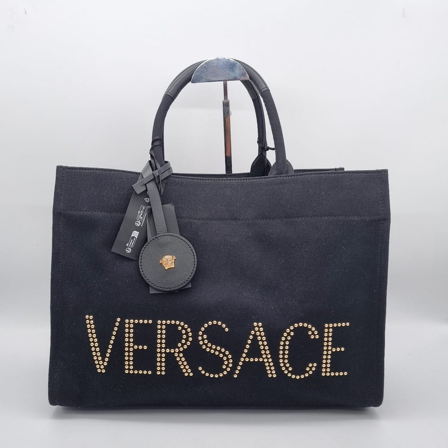 Versace Large Tote Bag With Logo Fabric Stud Black Size 39x16x28