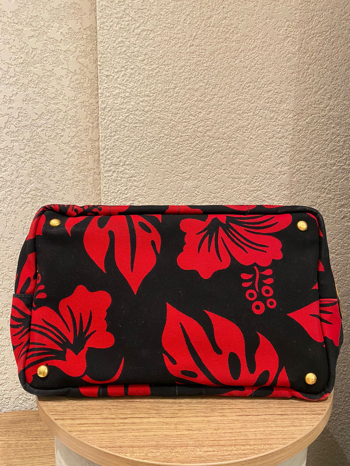 Prada Canapa Shopping Tote Floral Canvas Black Red Size 36x33x22