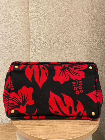 Prada Canapa Shopping Tote Floral Canvas Black Red Size 36x33x22
