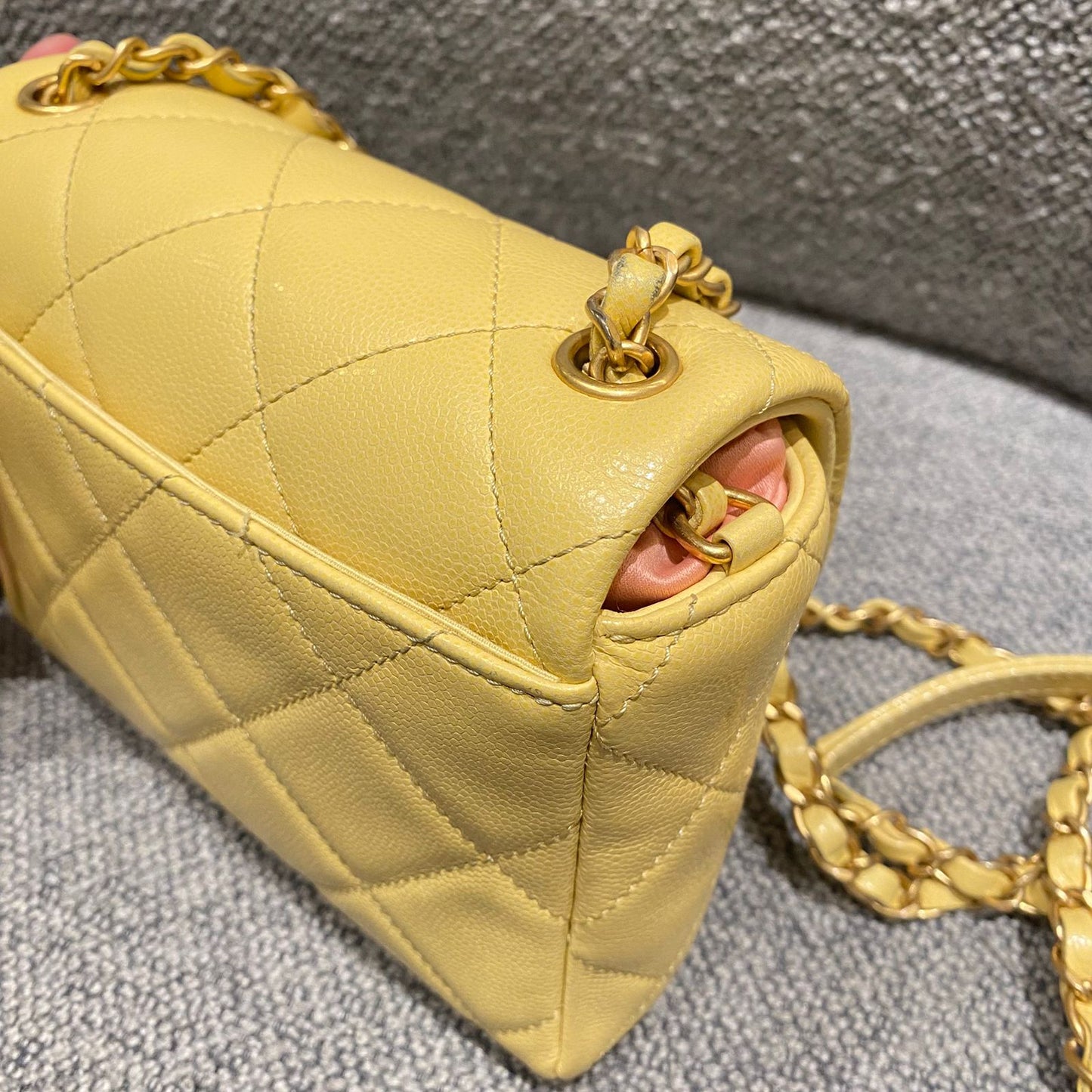 Chanel 22P Seasonal Square Mini In Light Yellow Caviar GHW CHIP Size 17x7x13