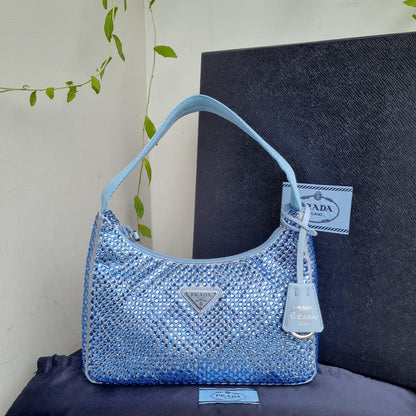 Prada Re Edition Crystal Embellished Satin Blue Size 22x6x16