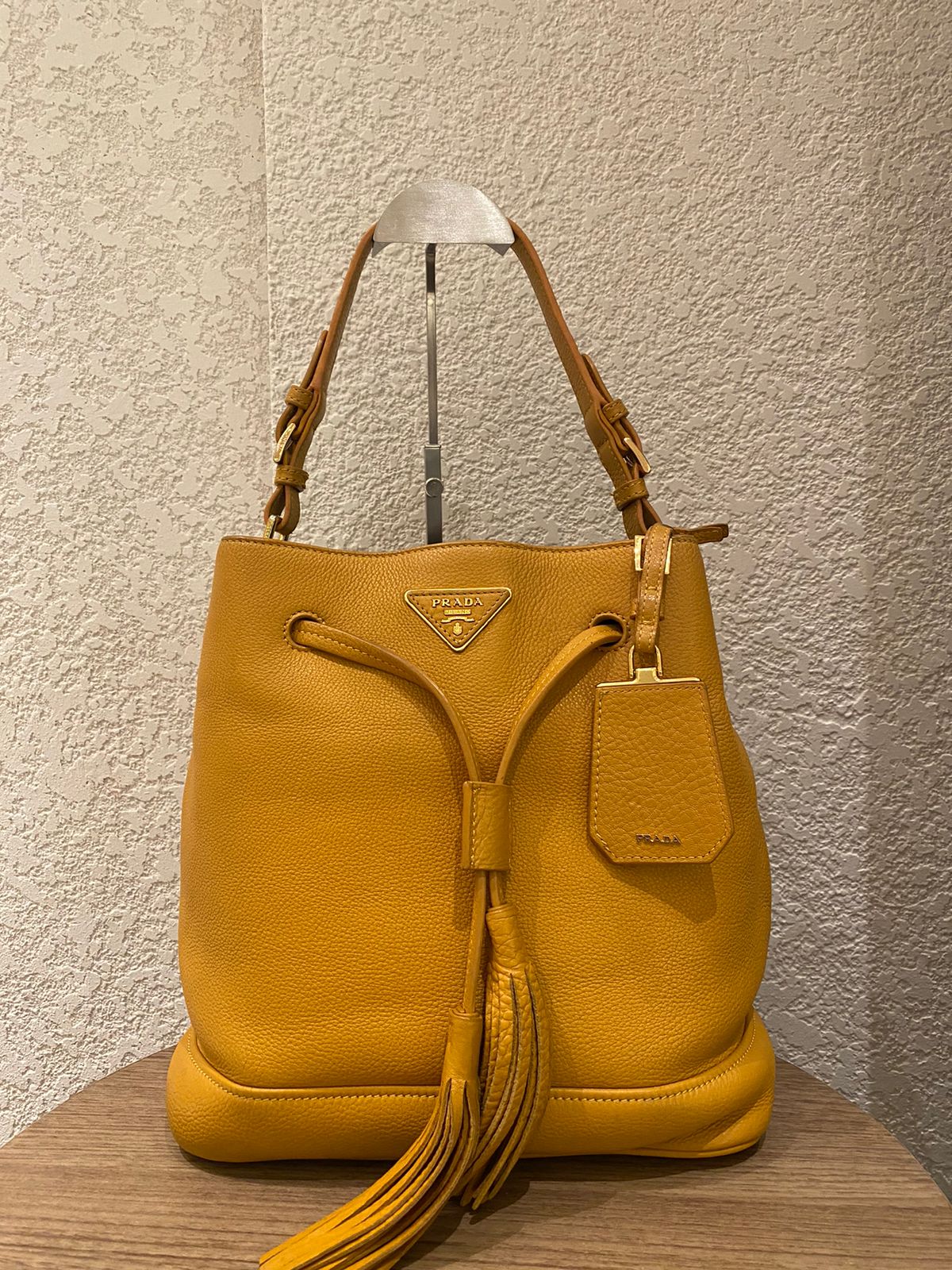 Prada Bucket Bag Leather Mustard Size 26x18x28