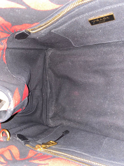 Prada Canapa Shopping Tote Floral Canvas Black Red Size 36x33x22