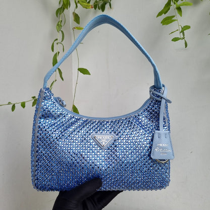 Prada Re Edition Crystal Embellished Satin Blue Size 22x6x16