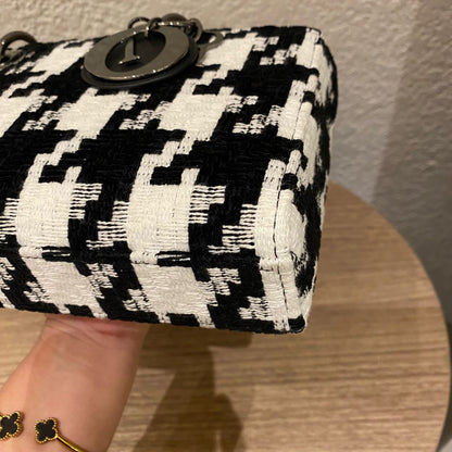 Dior Lady Dior D'joy Houndstooth Tweed Medium Black White SHW 2022 Size 26x5x14