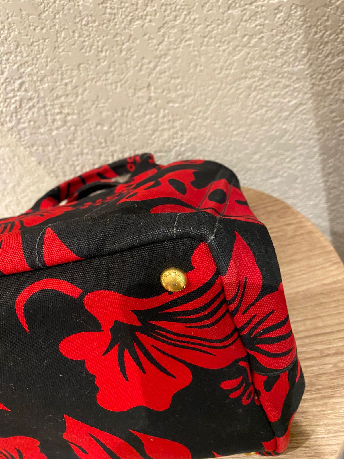 Prada Canapa Shopping Tote Floral Canvas Black Red Size 36x33x22