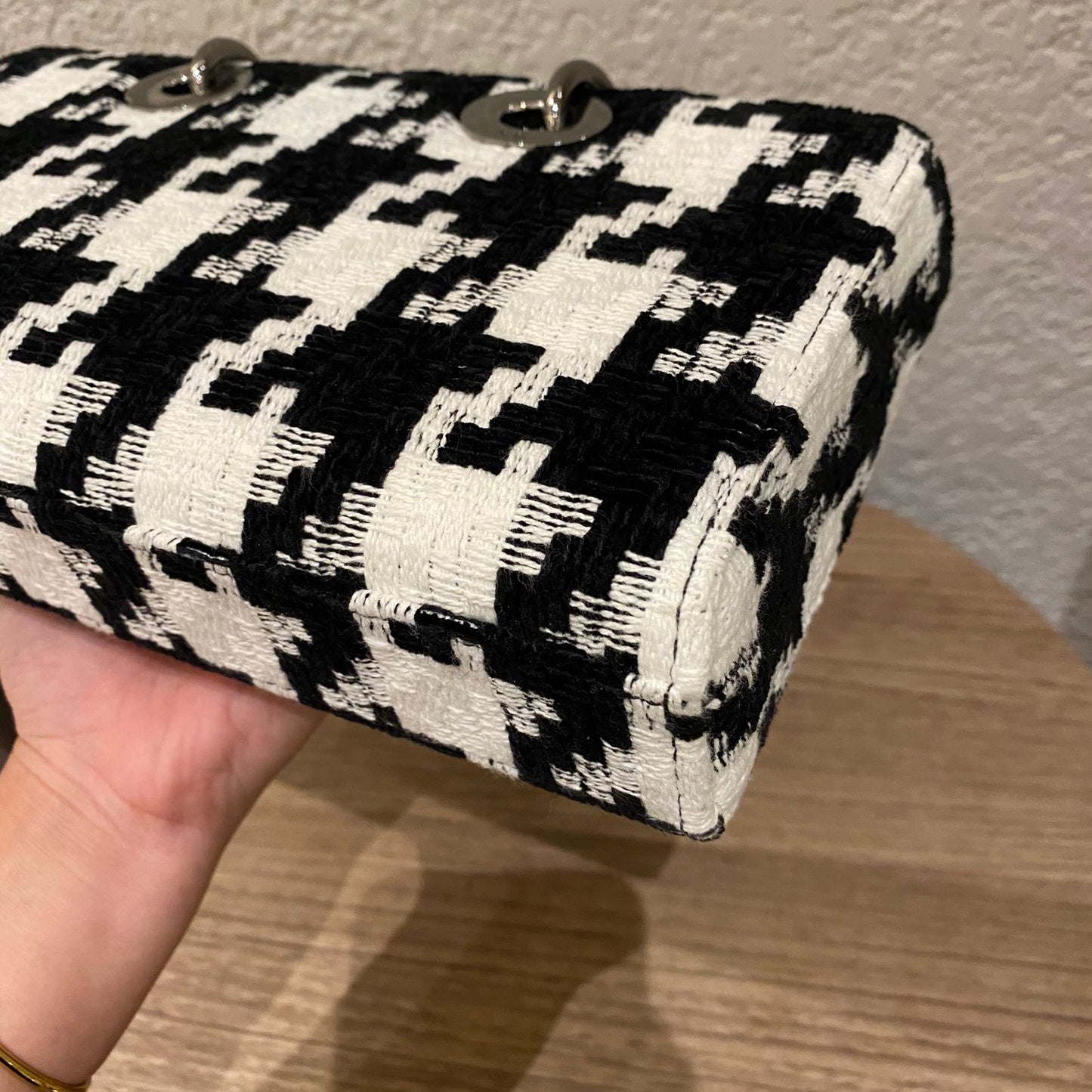 Dior Lady Dior D'joy Houndstooth Tweed Medium Black White SHW 2022 Size 26x5x14