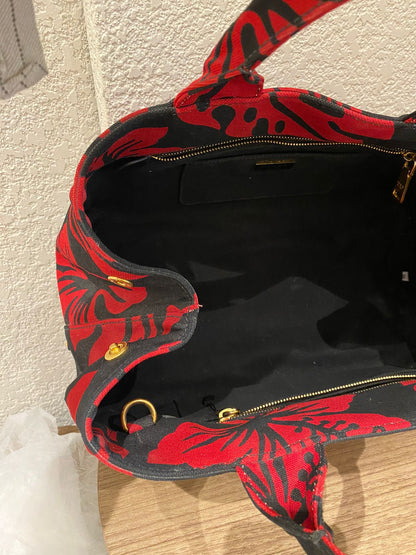 Prada Canapa Shopping Tote Floral Canvas Black Red Size 36x33x22